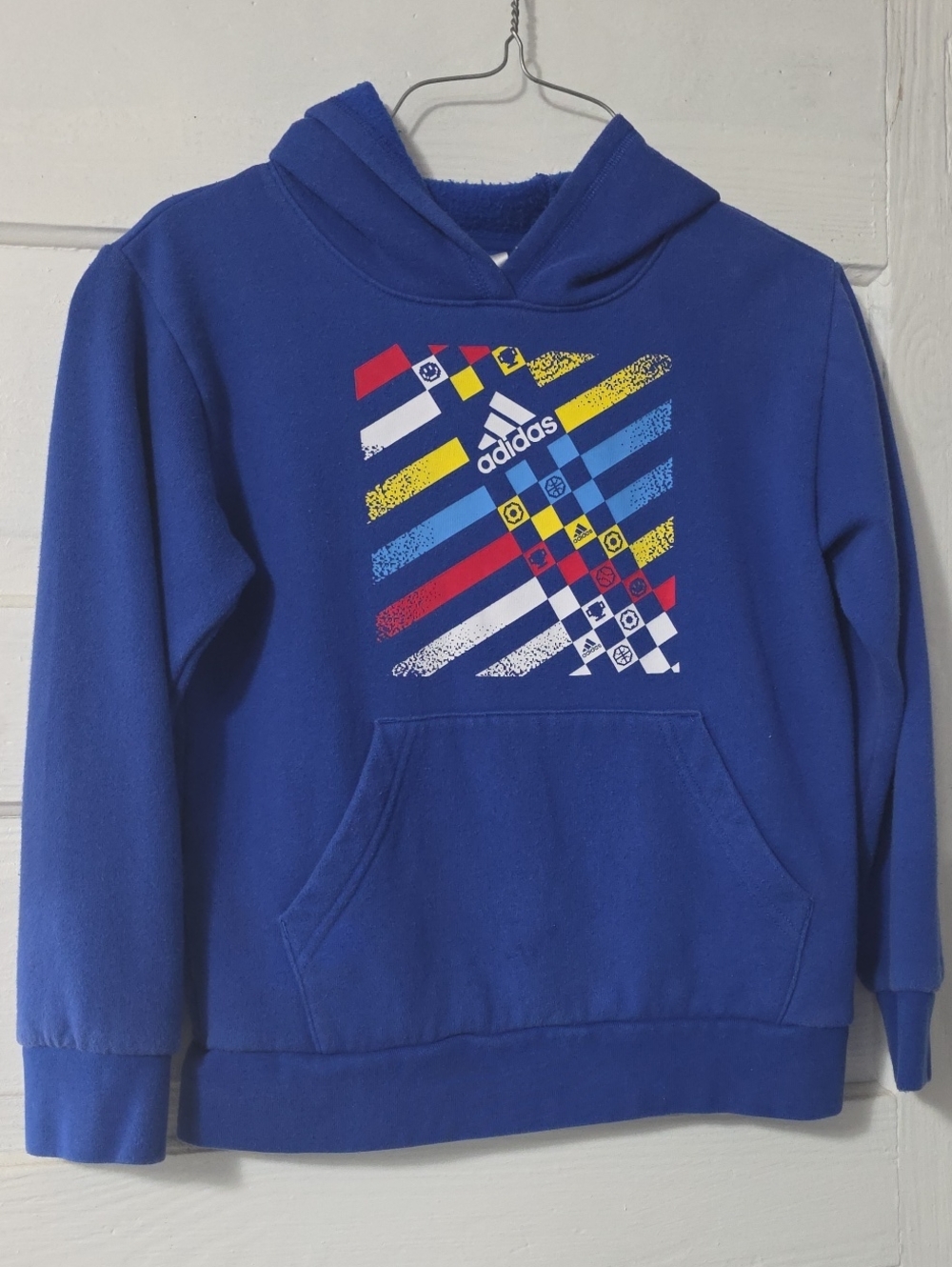 adidas Kids Royal Blue Hooded Pullover with Multicolor Graphic